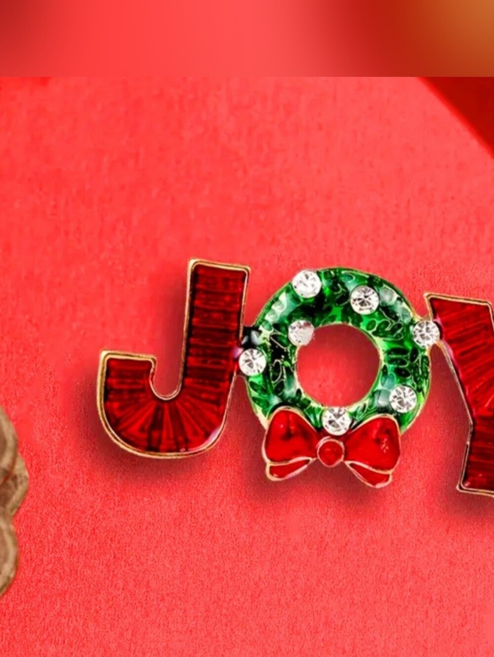 JOY Holiday Enamel Pin with Green Wreath and Red Bow - Picture 4 of 5
